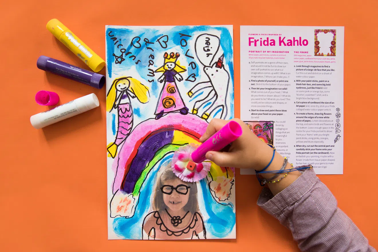 Lots of Lovely Art boxes for children Fantastic Faces art projects inspired by Frida Kahlo