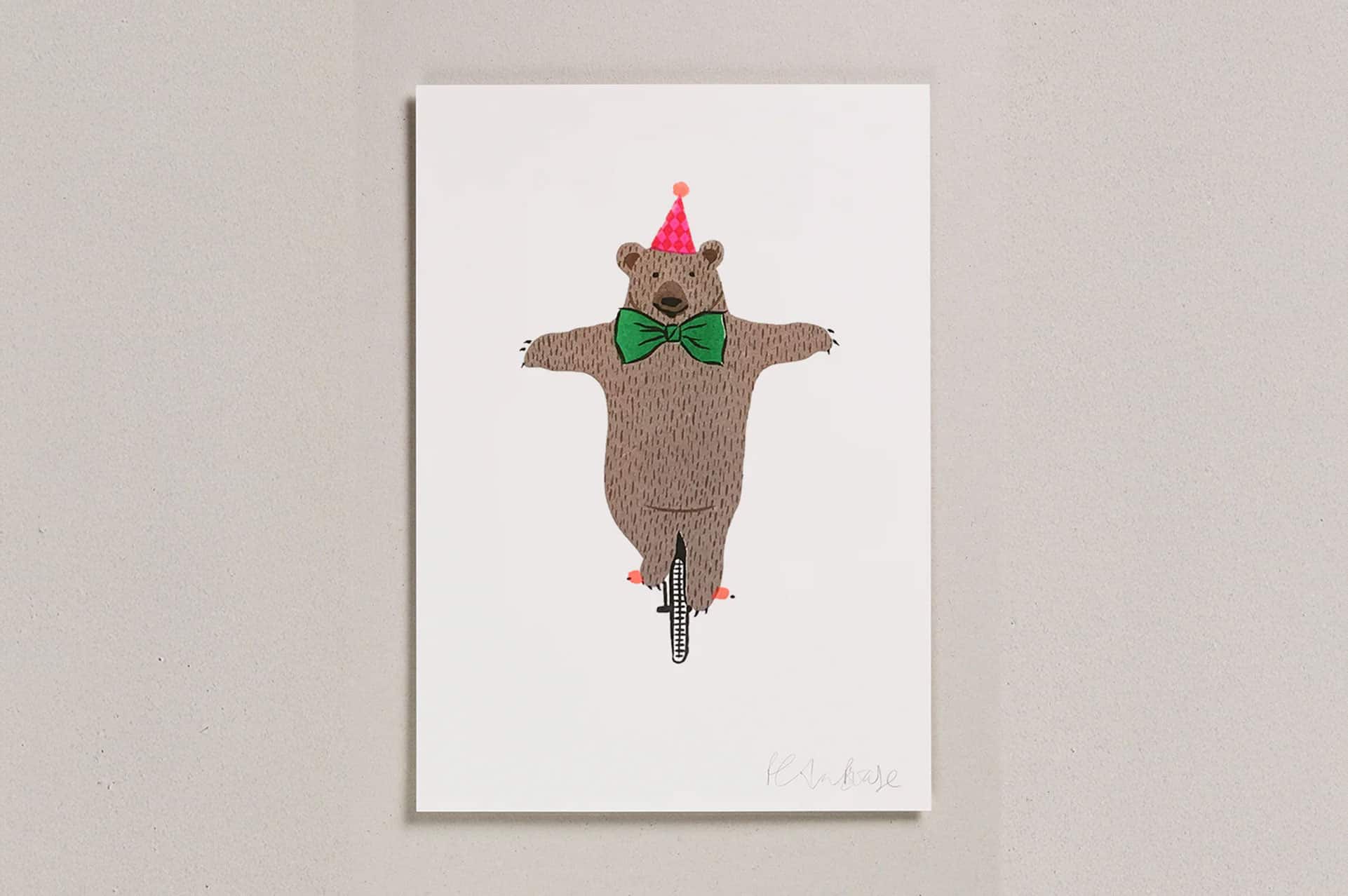 Bear On Bike Risograph Print A4